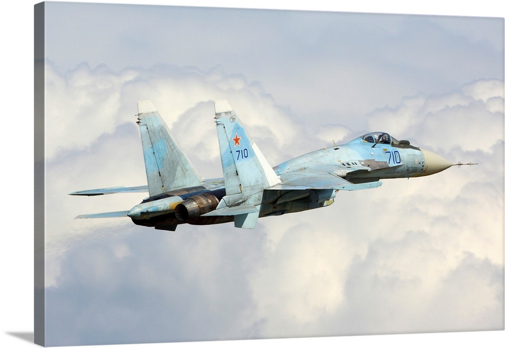 Su-35 testbed of T-50 engine taking off for a test flight, Zhukovsky, Russia.