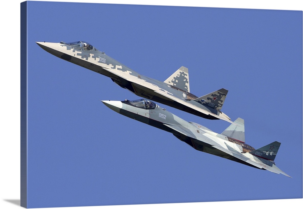 Sukhoi Su-57 (T-50) jet fighters of the Russian Air Force performing demonstration flight at MAKS-2019 airshow in Zhukovsk...