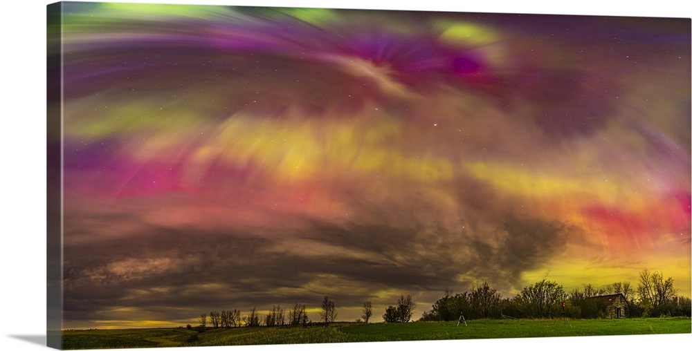Panorama of a substorm outburst during a display of northern lights in southern Alberta, Canada