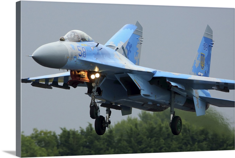 Sukhoi Su-27 jet fighter of the Ukrainian Air Force landing during RIAT-2017 airshow, Fairford, England, United Kingdom.