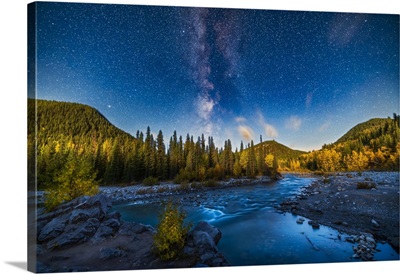 Summer Milky Way Setting Over The Elbow River In Southern Alberta, Canada