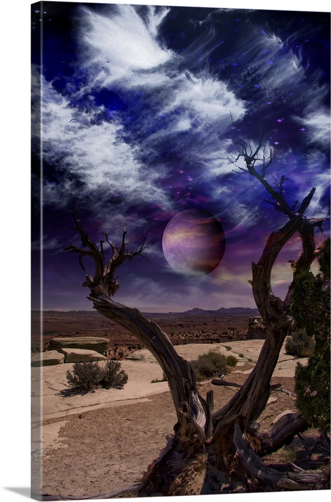 Surreal landscape. Desert tree and giant moon in the sky.