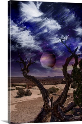 Surreal Landscape, Desert Tree And Giant Moon In The Sky
