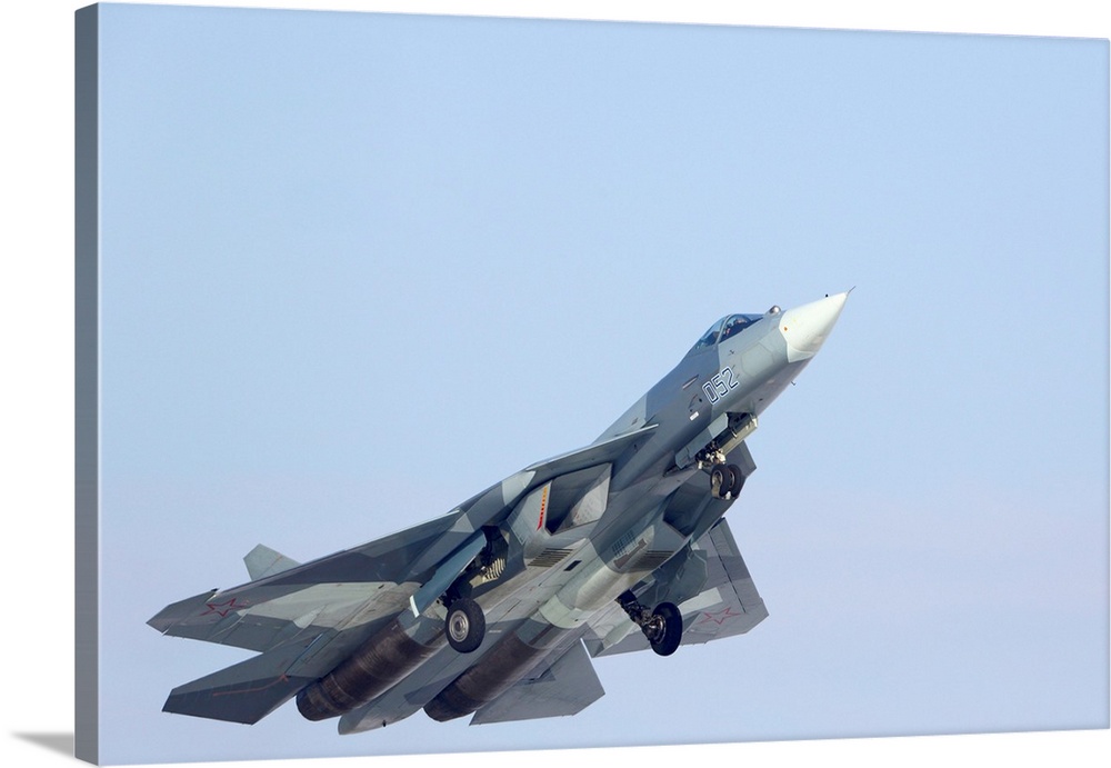 T-50 PAK-FA fifth generation jet fighter of the Russian Air Force taking off.