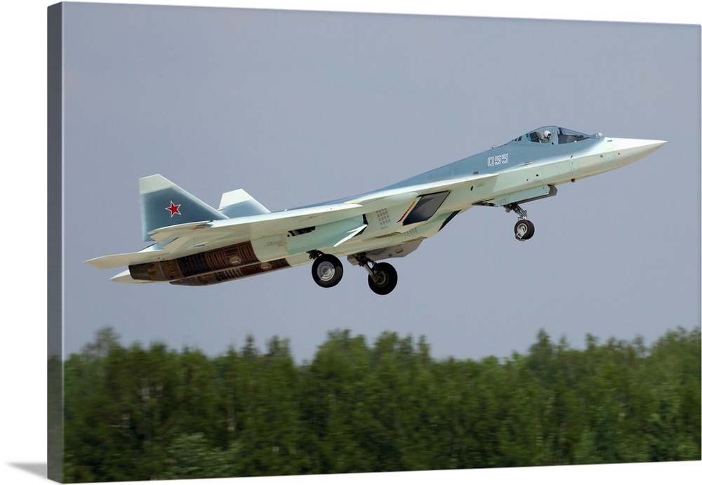 T-50 PAK-FA fifth generation Russian jet fighter taking off.