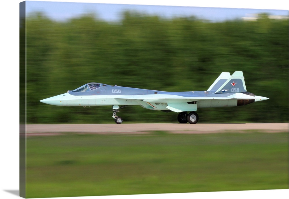 T-50 PAK-FA Russian jet fighter taking off.