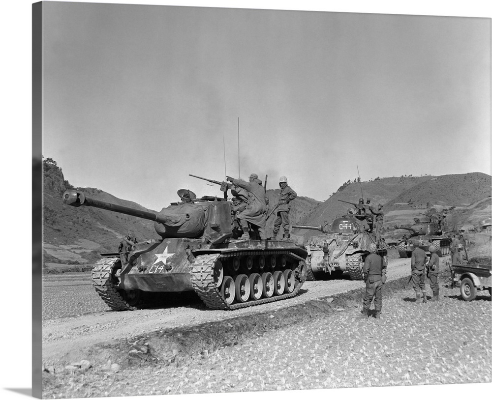 Tank-led patrol of Leathernecks hunt down North Korean guerrillas, 1951.