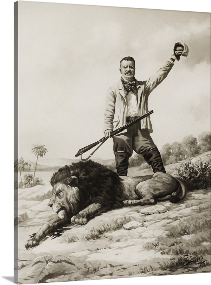 Teddy Roosevelt waving his hat in triumph upon killing a lion during a hunt.