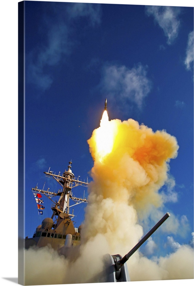 The Aegis-class destroyer USS Hopper launching a standard missile 3 Blk IA in Kauai, Hawaii.