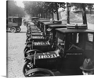 The American Red Cross Transportation Fleet Lined Up For Inspection, Paris France, 1918