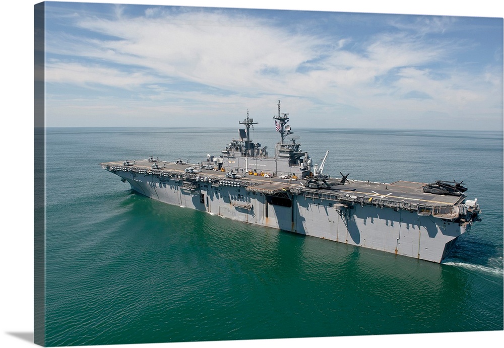 The amphibious assault ship USS Wasp transits the Atlantic Ocean.