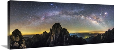 The Arc Of The Milky Way And A Bright Streaking Meteor , Mount Huangshan, China
