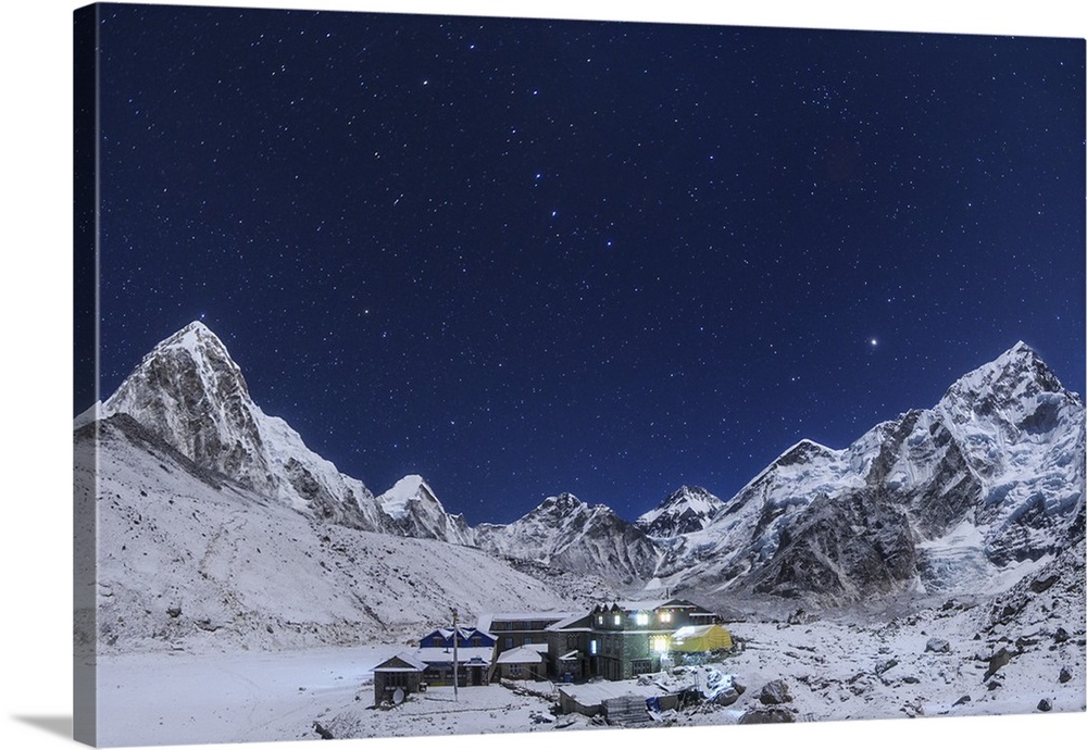 In this moonlight night, the Big Dipper rise above the Himalayas and the Gorak Shep settlement. The Polaris star appears j...