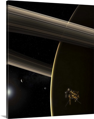 The Cassini spacecraft in orbit around the planet Saturn during sunrise