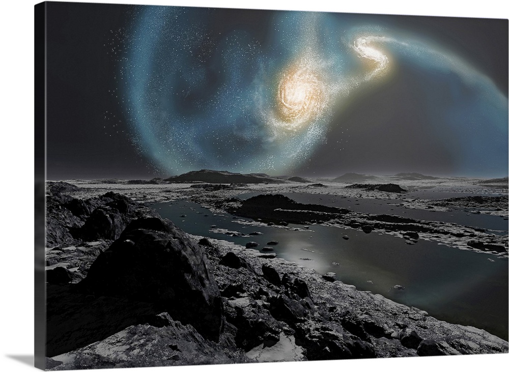 Big wall art of an artist's concept depicting the collision of the Milky Way and Andromeda galaxies as seen from the Earth.