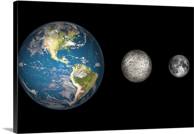 The Earth, Mercury, and Earth's moon to scale
