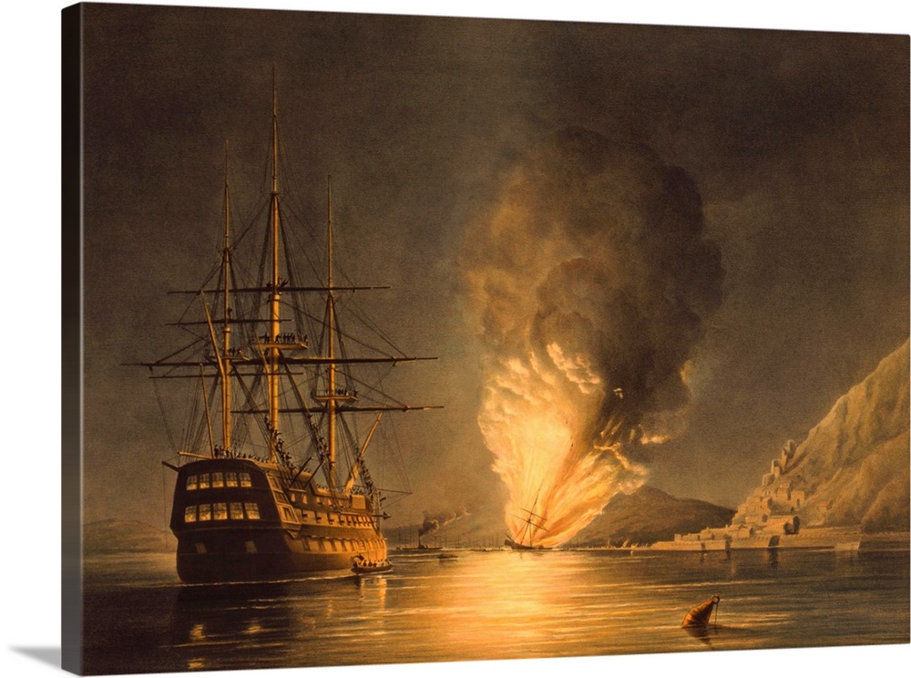Vintage naval history print featuring the explosion of the United States Steam Frigate Missouri, at Gibraltar, August 26, ...