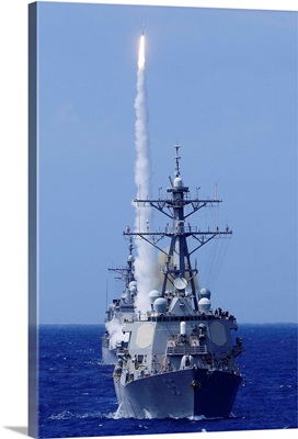 The guided-missile destroyer USS Benfold fires a surface-to-air missile