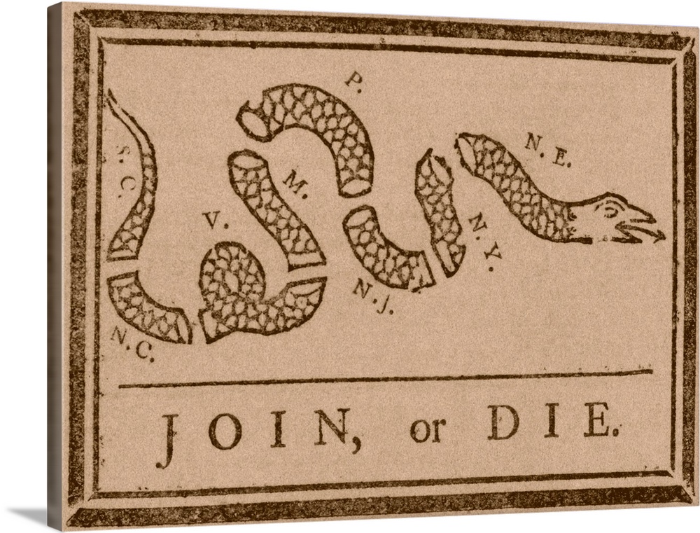 The Join or Die print was a political cartoon created by Benjamin Franklin. The snake shown is separated into segments, ju...