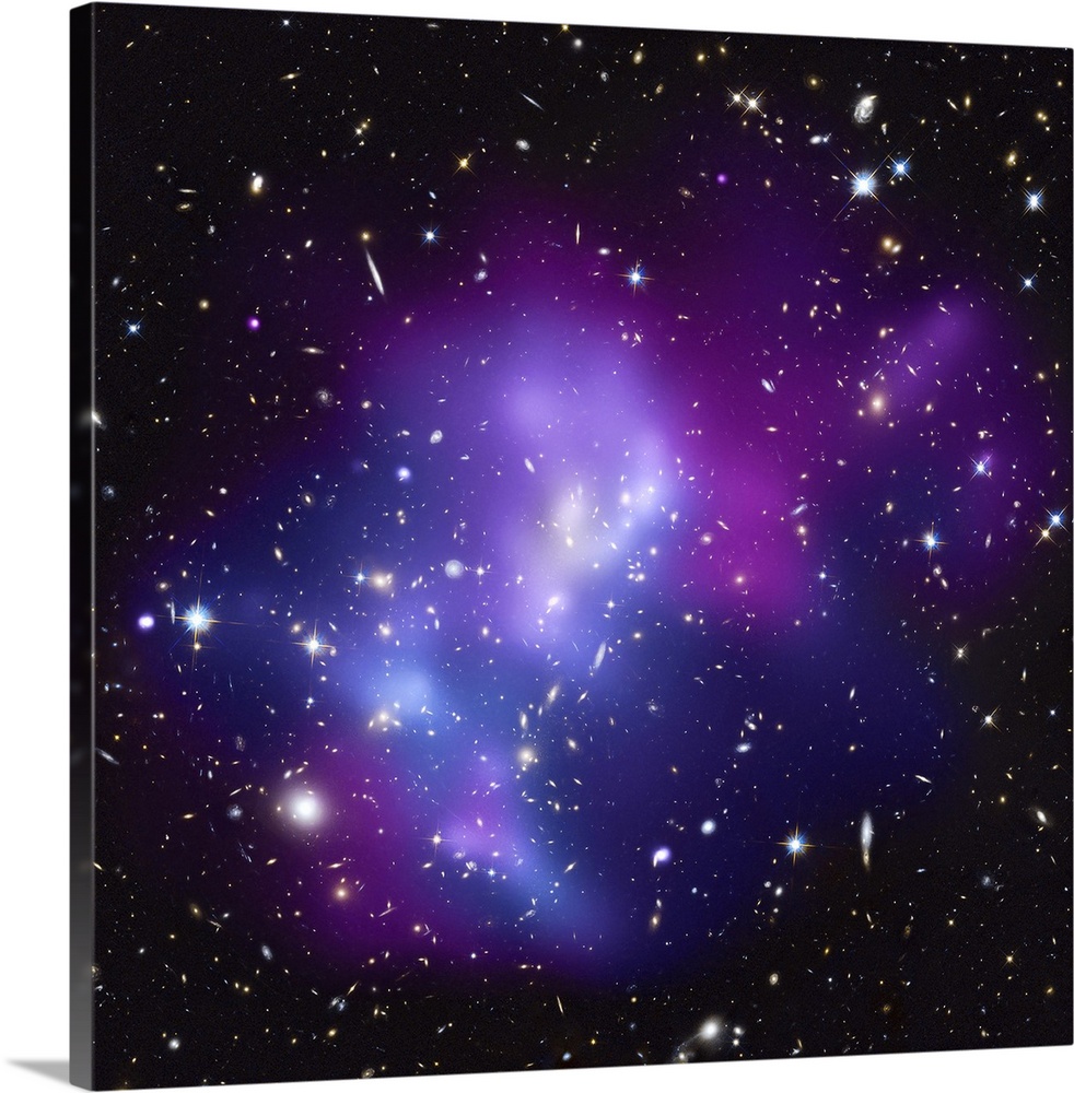 Big, square wall picture of the huge galaxy cluster MACS J0717 surrounded with vibrant, multicolored clouds and the blackn...