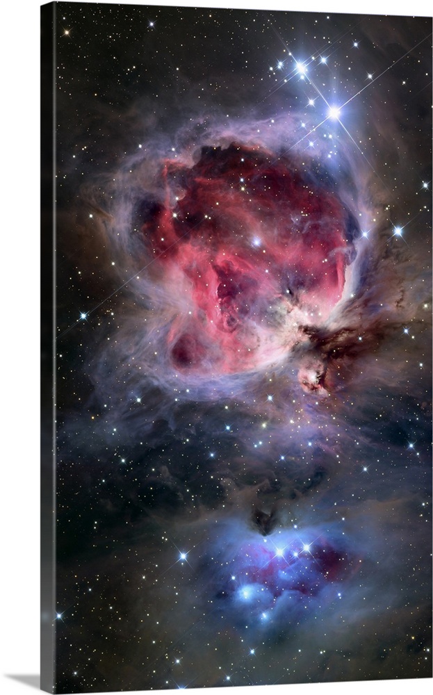 Oversized vertical wall hanging of the swirling, brightly colored clouds in the Orion Nebula, surrounded by many stars.