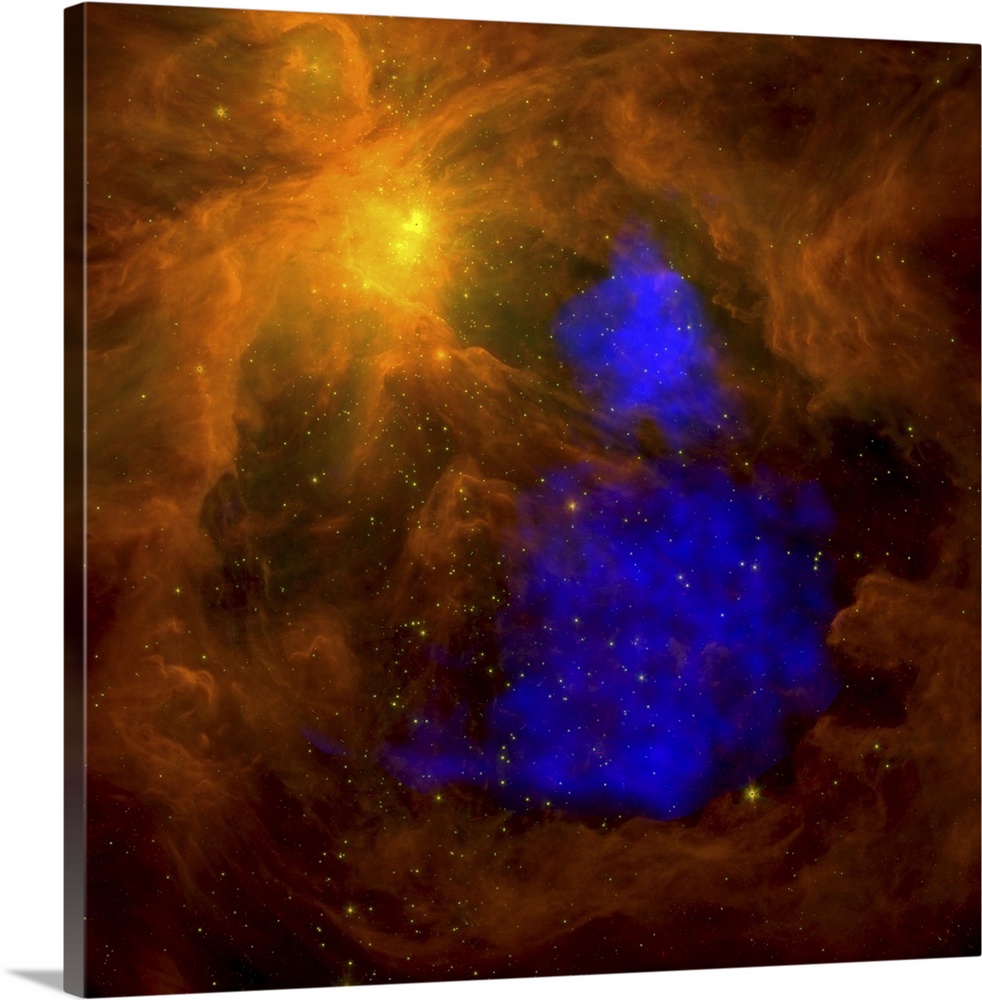 Square canvas photo of space entities in colorful clouds with stars in the background.