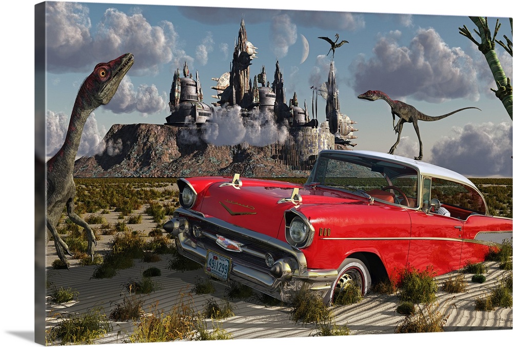 Artist's concept illustrating a strange combination of Compsognathus dinosaurs, a red Cadillac and futuristic buildings. I...