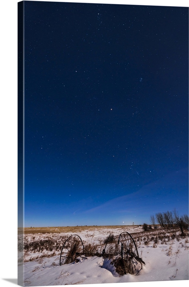 The Red Planet Mars In The Winter Sky Below Pleiades And Above Orion, In Alberta, Canada