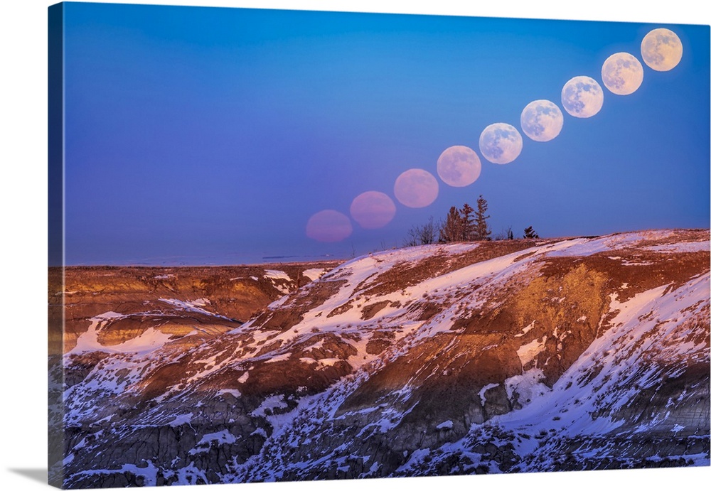 The Rising Full Moon Over The Badlands Of Horseshoe Canyon In Alberta, Canada