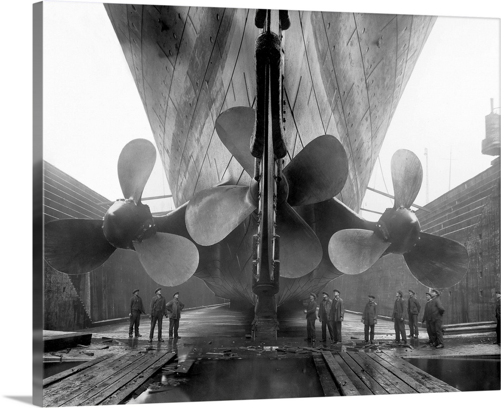 The RMS Titanic's propellers as the mighty ship sits in dry dock.