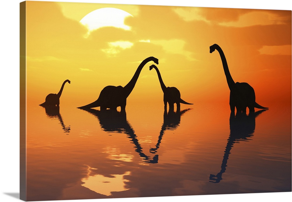 The silhouetted shapes of sauropod dinosaurs at the start of a prehistoric day.