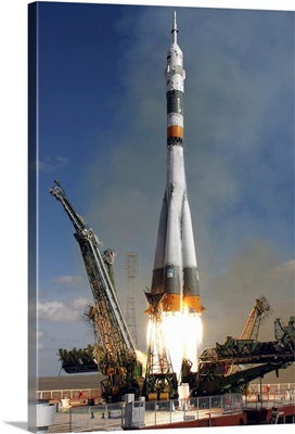 The Soyuz TMA13 spacecraft launches from the Baikonur Cosmodrome in Kazakhstan