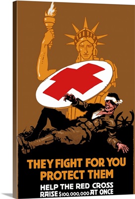 The Statue of Liberty covering a wounded soldier with a Red Cross shield