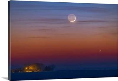 The Thin One-Day-Old Crescent Moon Just Above Jupiter, Alberta, Canada