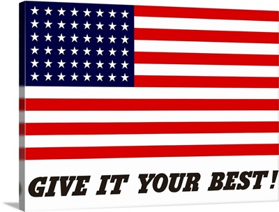 This vintage war propaganda poster features the American Flag