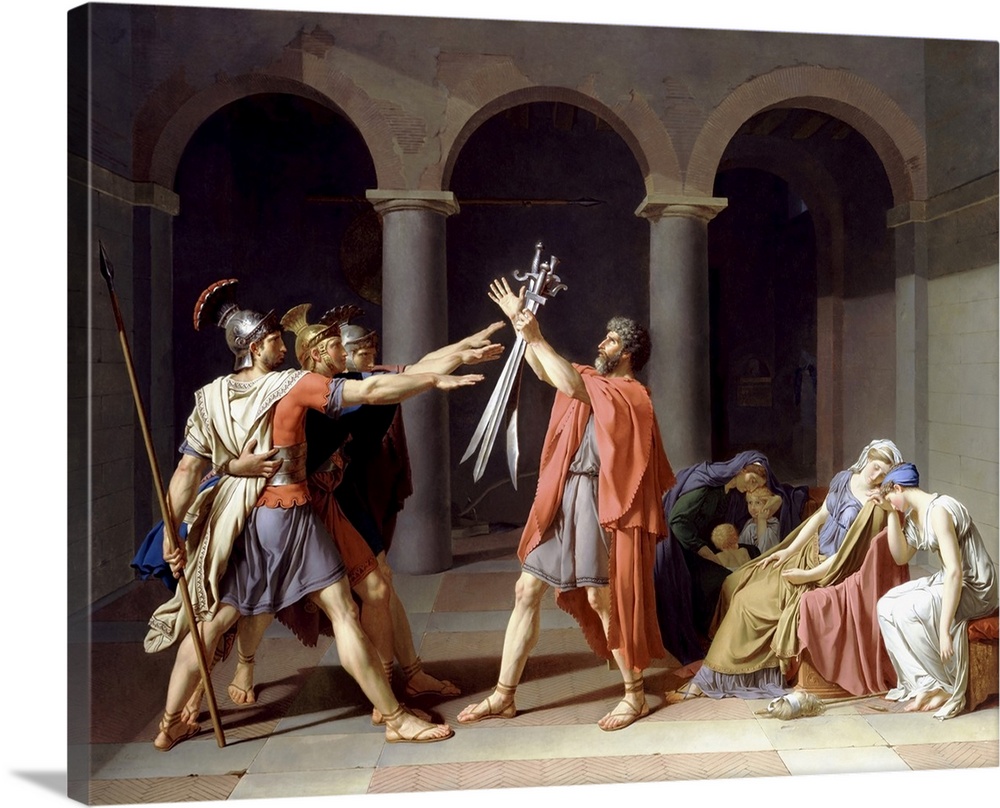 Painting depicting the three ancient Roman Horatii brothers saluting their father as he holds their swords aloft before th...