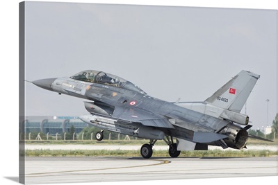 Turkish Air Force F-16 lands on runway during Exercise Anatolian Eagle 2016 in Turkey.