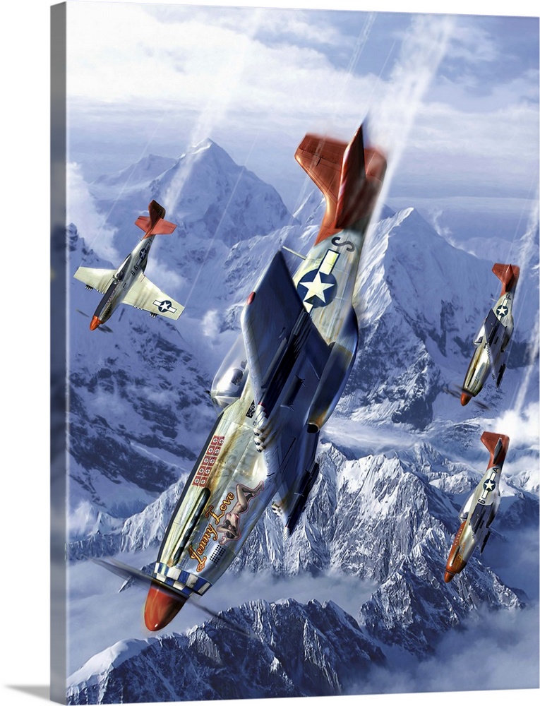 Tuskegee airmen of the 332nd fighter group flying near the Alps in their P-51 Mustangs.