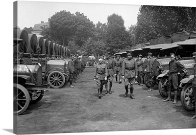 Two American Army Officers Inspecting A Fleet Of American Red Cross Vehicles During WW1
