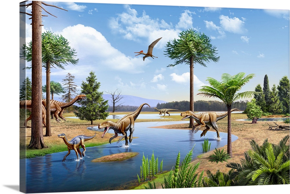 Two Herrerasaurus chasing a Silesaurus down a stream in the Triassic period. Two Plateosaurus are in the background.