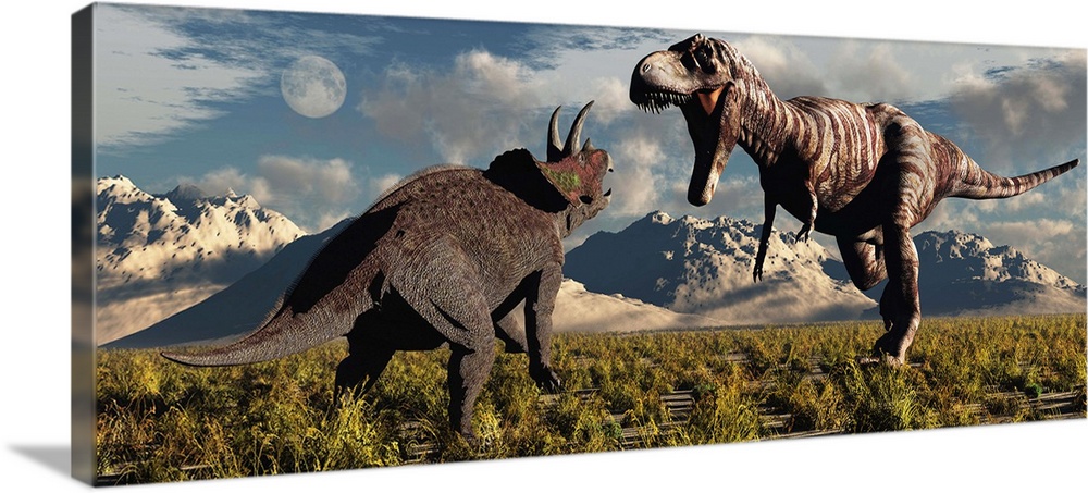 Tyrannosaurus Rex and Triceratops involved in a battle to the death during Earth's Cretaceous Period of time.