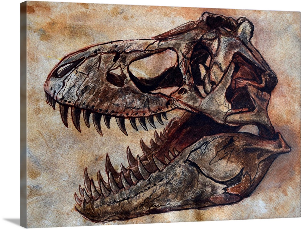 Tyrannosaurus rex dinosaur skull on textured background.