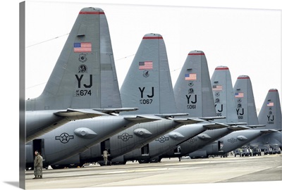 U.S. Air Force C-130 Hercules aircraft on the flight line at Yokota Air Base