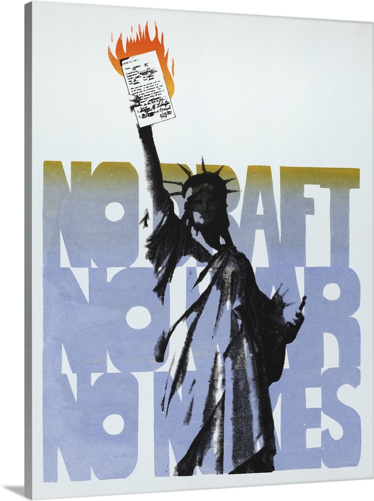 Contemporary 20th century U.S. history print showing the Statue of Liberty holding up a burning draft card instead of her ...