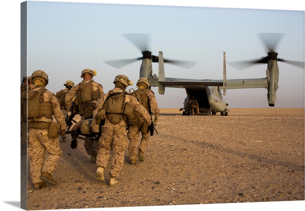 U.S. Marines carry a simulated casualty to an MV-22 Osprey.