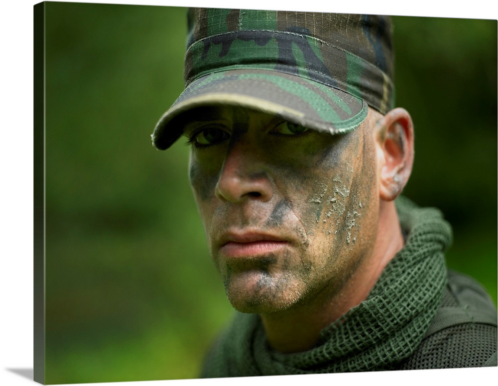 U.S. Special Forces soldier with camouflage face paint Solid-Faced Canvas  Print