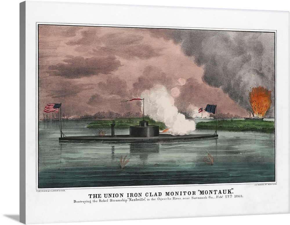 The Union Iron Clad Montauk destroying the Rebel Ship Nashville during a naval battle in the Ogeechee River.