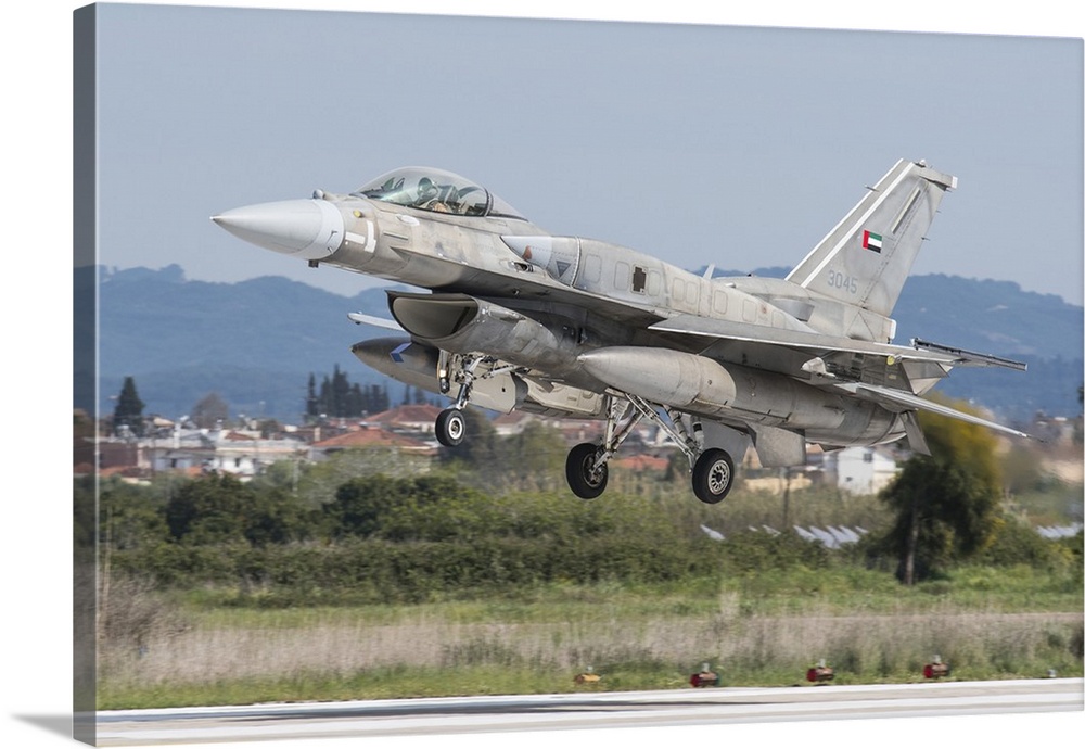 United Arab Emirates Air Force F-16E Desert Falcon landing at Andravida Air Base, Greece, during the international Exercis...