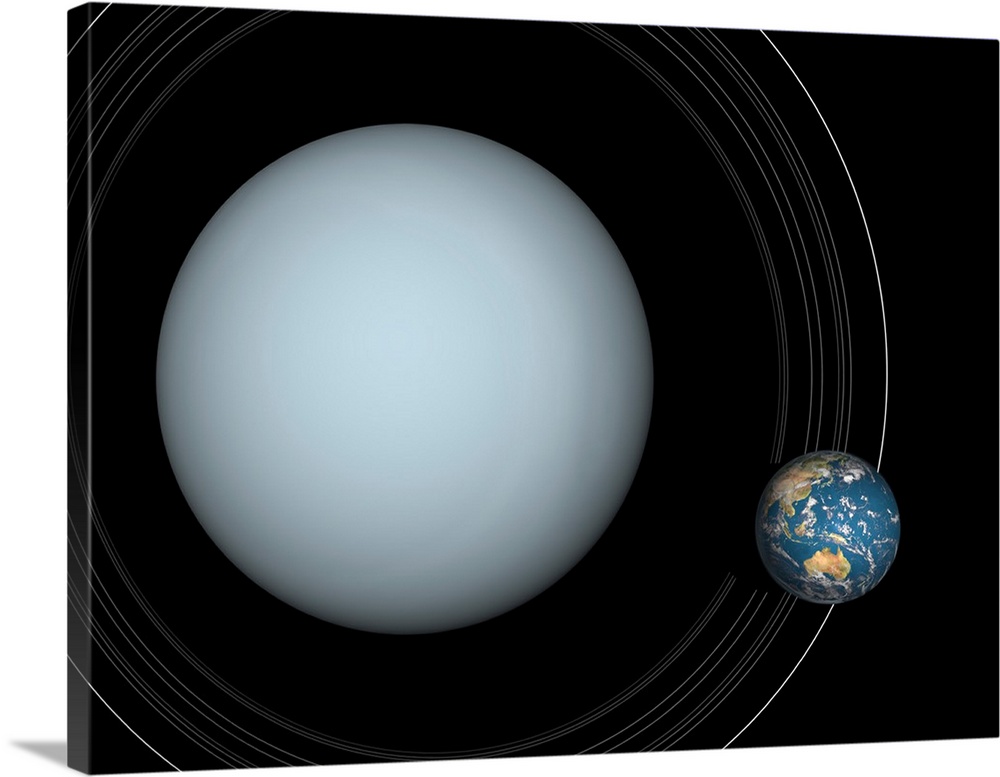 Artist's concept of Uranus and Earth to scale.