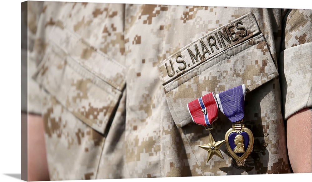 U.S. Marine wears the Bronze Star Medal with combat distinguishing device and Purple Heart after an awards ceremony.